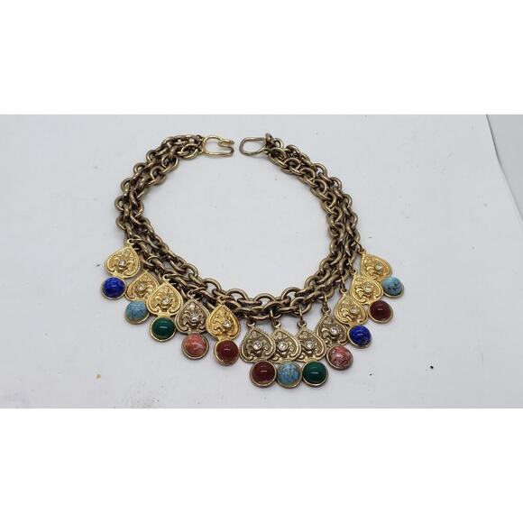 Double Chain Choker Faux Gem Rhinestones Dangle Charms Chunky 10k Gold Plated - Picture 4 of 11